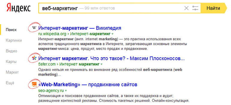 Visualizzazione delle Favicon su Yandex